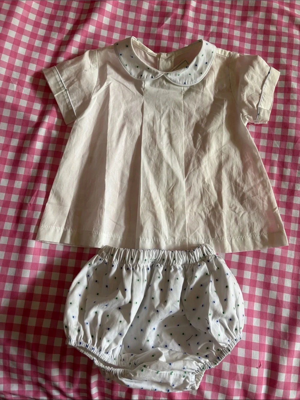 Brother & Sissy 3T White Two-Piece Set with Blue & Green Dot Trim and bloomers.